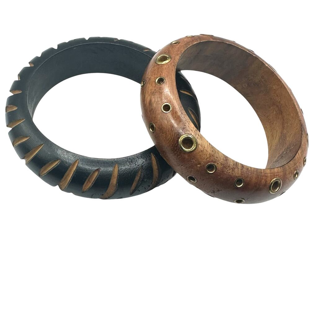 Bohemian Bangle Bracelet Lot Set of 2 Casual Festiva Made in India Wood Brown